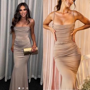 House of CB Milena ALMOND JERSEY CORSET MAXI DRESS size large nwot